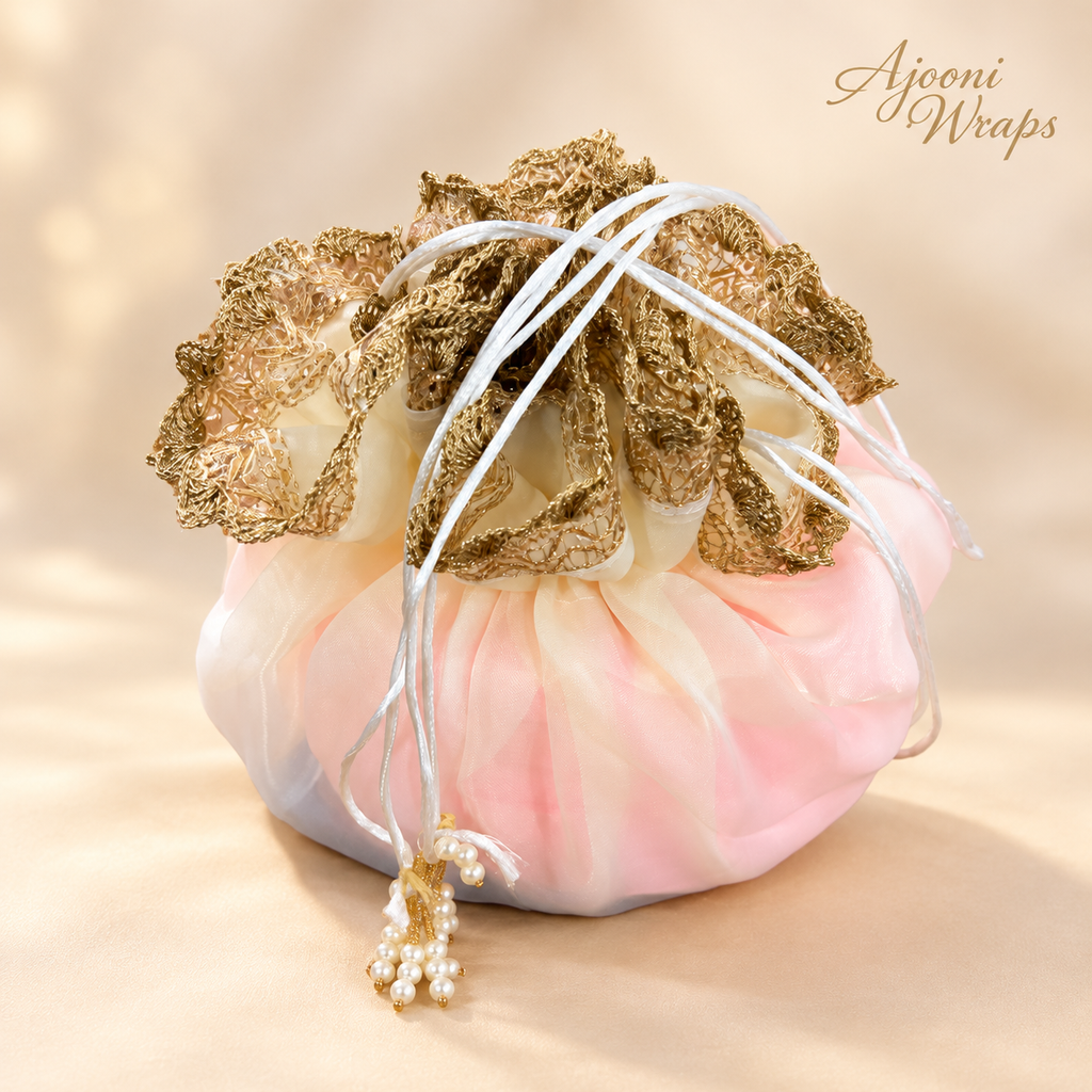✨ Luxury Organza Potli with Golden Lace 20 Inch 🤍✨