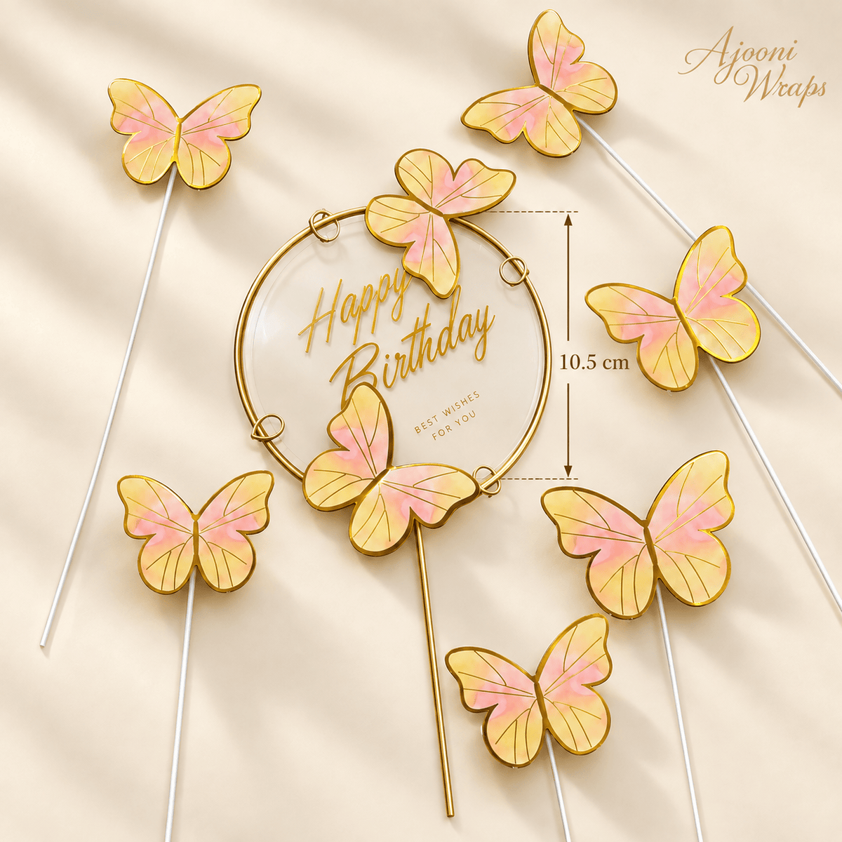 Elegant Butterfly Happy Birthday Cake Topper Set – 1+6 🦋✨