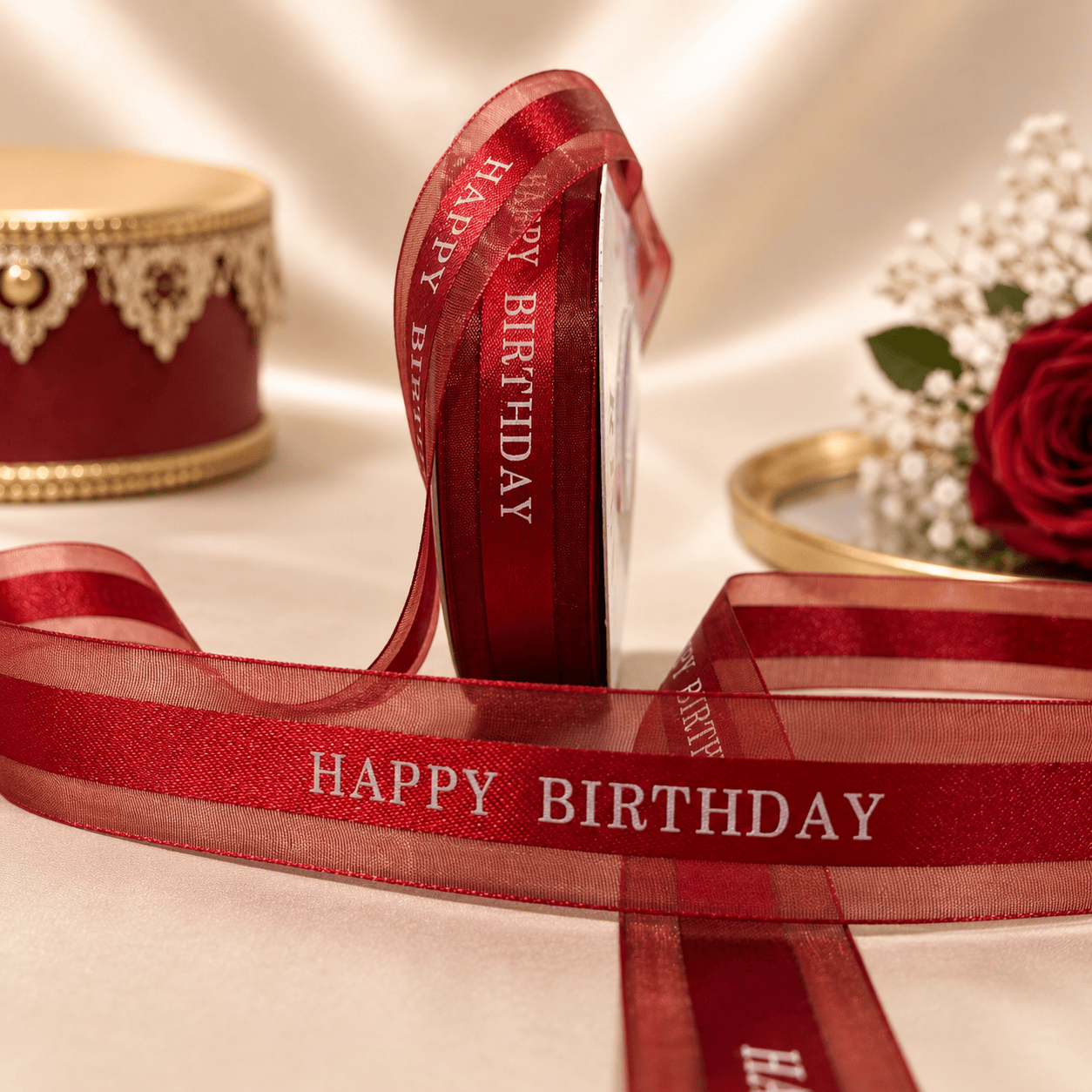 Happy Birthday Luxe Organza Satin Ribbon | 1 Inch