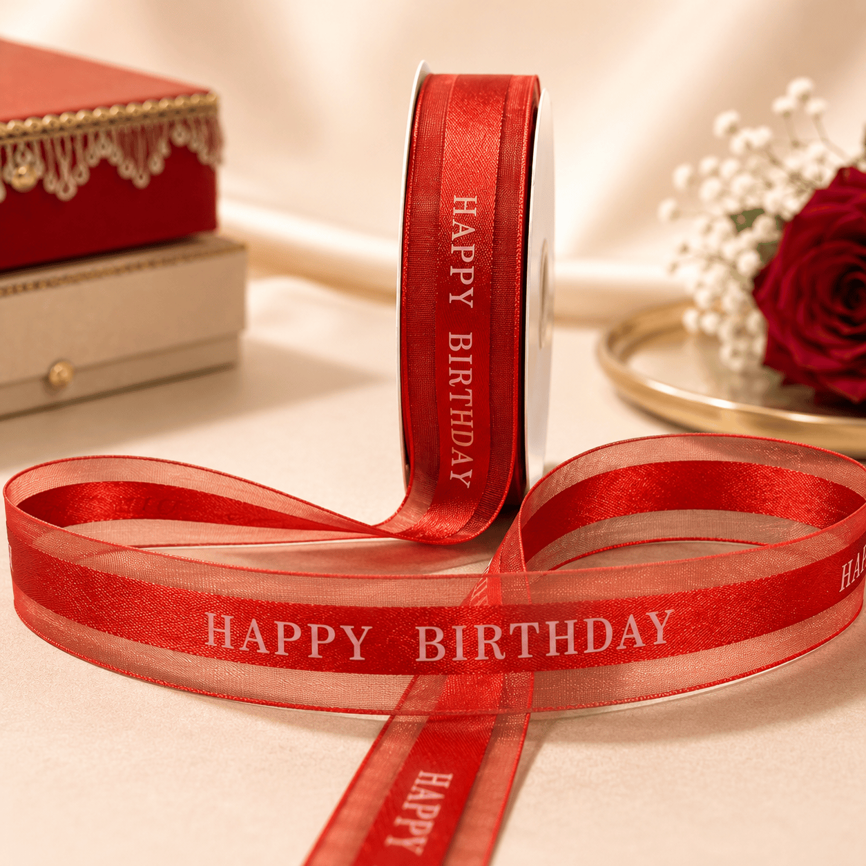 Happy Birthday Luxe Organza Satin Ribbon | 1 Inch