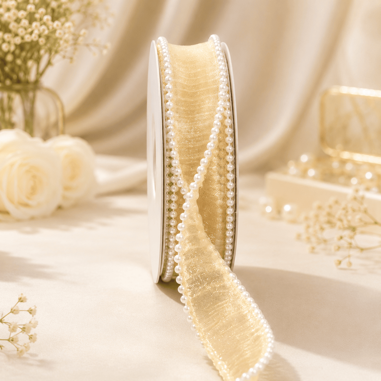 Ruffles Pearl Organza Ribbon | 1 Inch Width |10 Yards