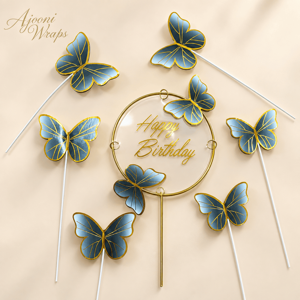 Elegant Butterfly Happy Birthday Cake Topper Set – 1+6 🦋✨