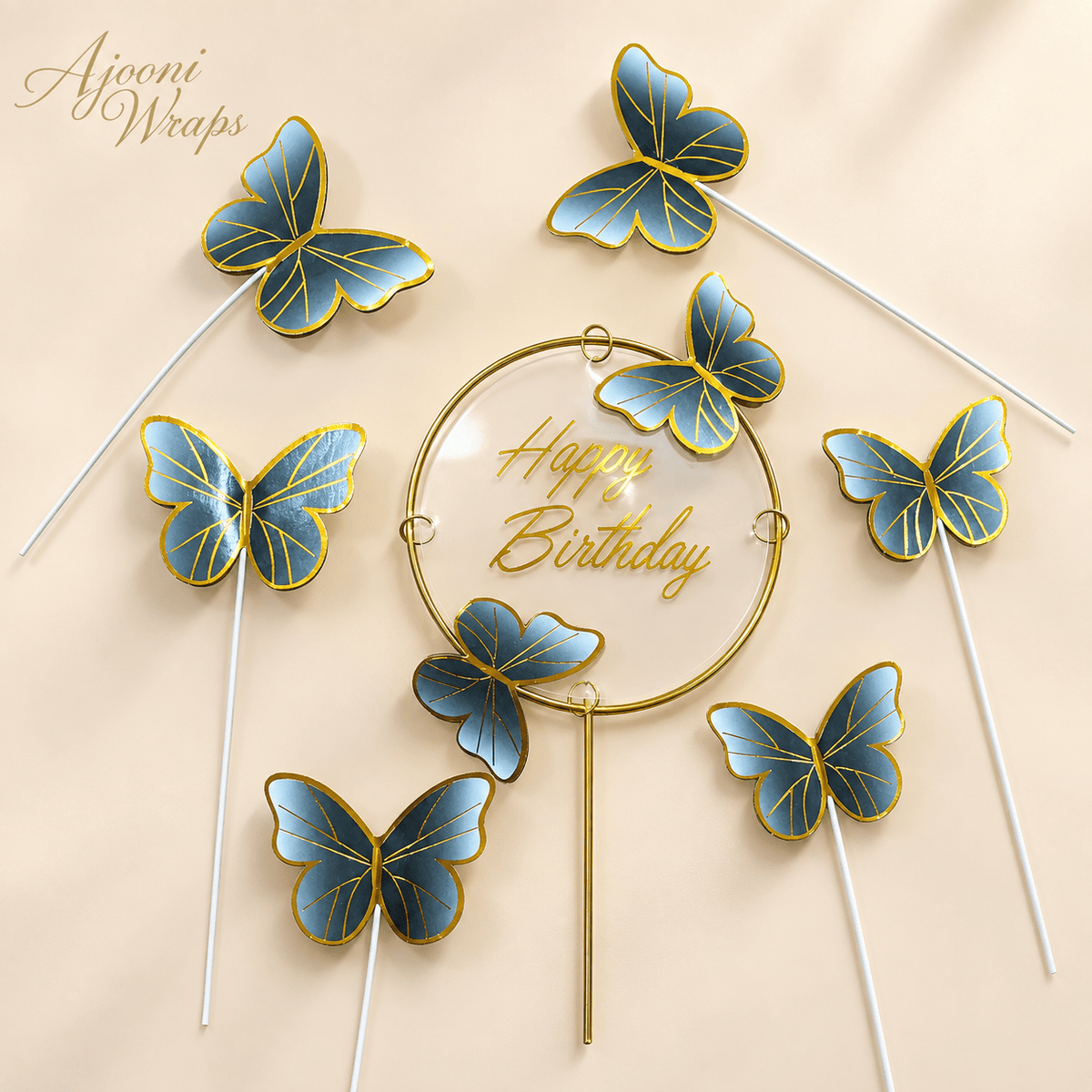 Elegant Butterfly Happy Birthday Cake Topper Set – 1+6 🦋✨