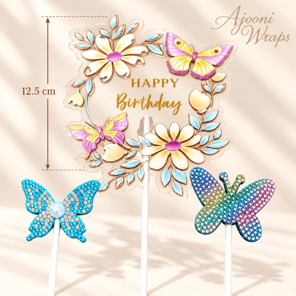 Premium Floral Happy Birthday Cake Topper Set 🌸🦋✨