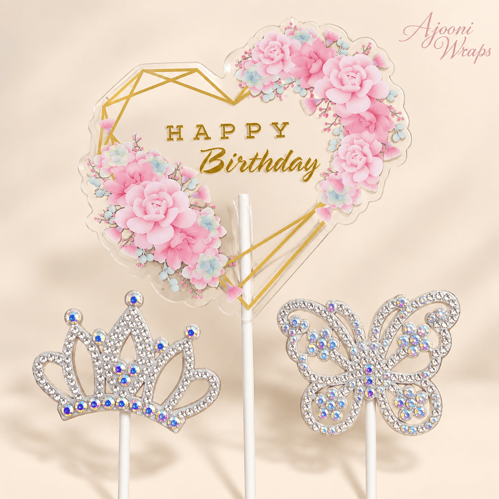 👑🌸 Happy Birthday Crowning Cake Topper Set 🦋✨