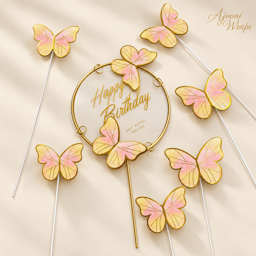 Elegant Butterfly Happy Birthday Cake Topper Set – 1+6 🦋✨
