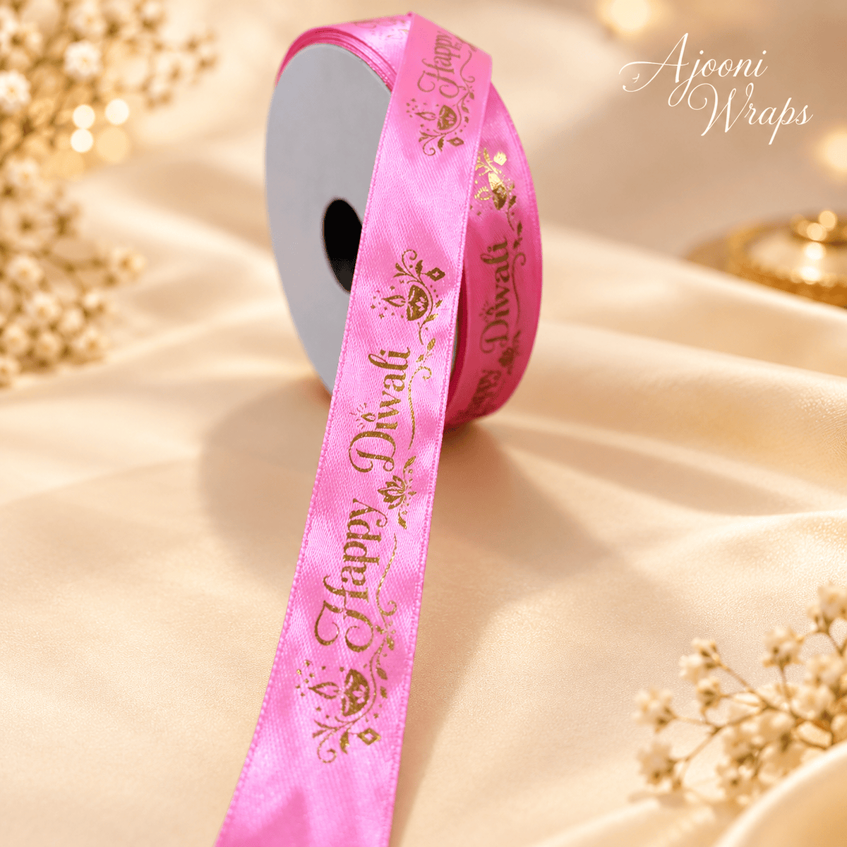 ✨ Premium Satin Happy Diwali Ribbon with Golden Print 🎀