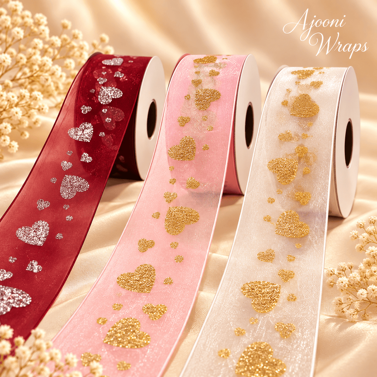 ✨ Luxury Glitter Heart Organza Ribbon 1.5 Inch 🎀💖