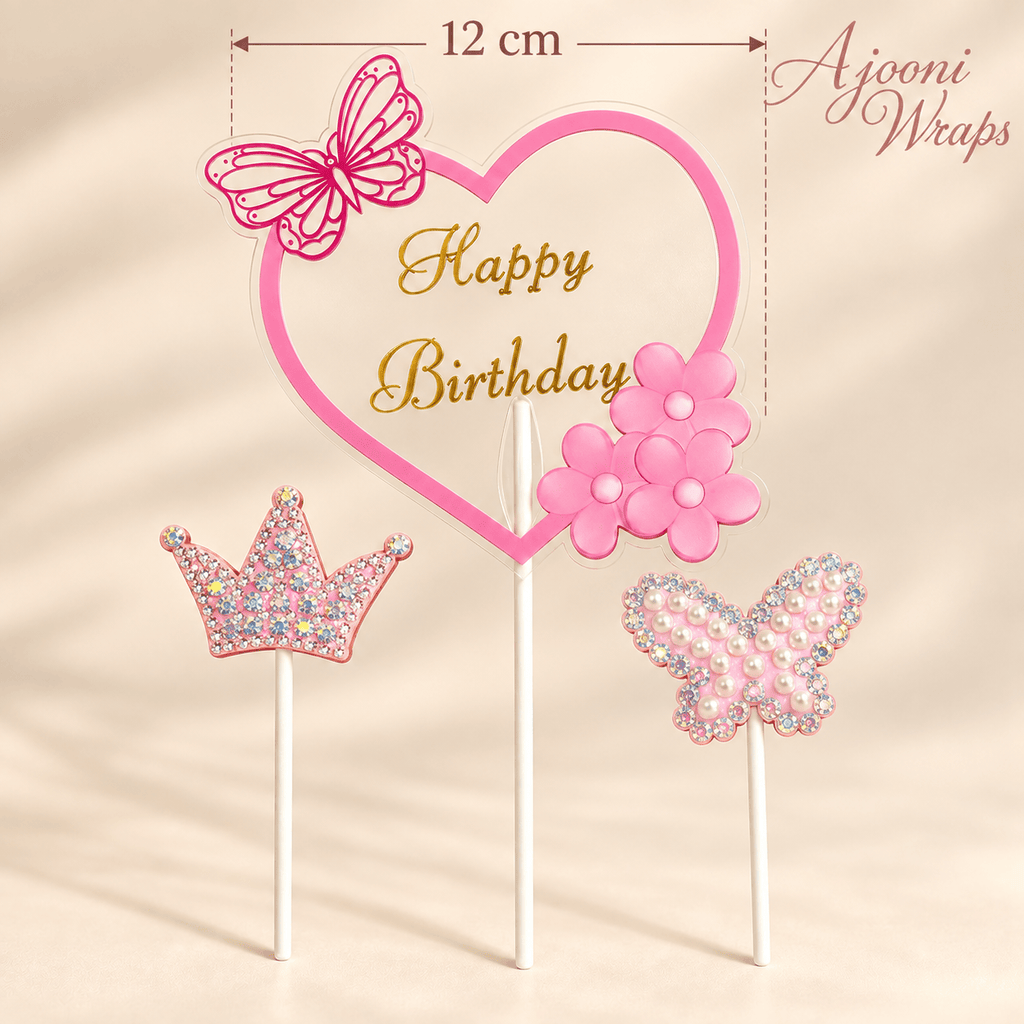 👑🌸 Happy Birthday Crowning Cake Topper Set 🦋✨
