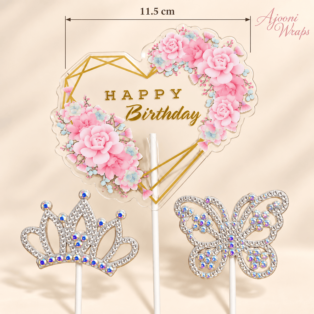 👑🌸 Happy Birthday Crowning Cake Topper Set 🦋✨