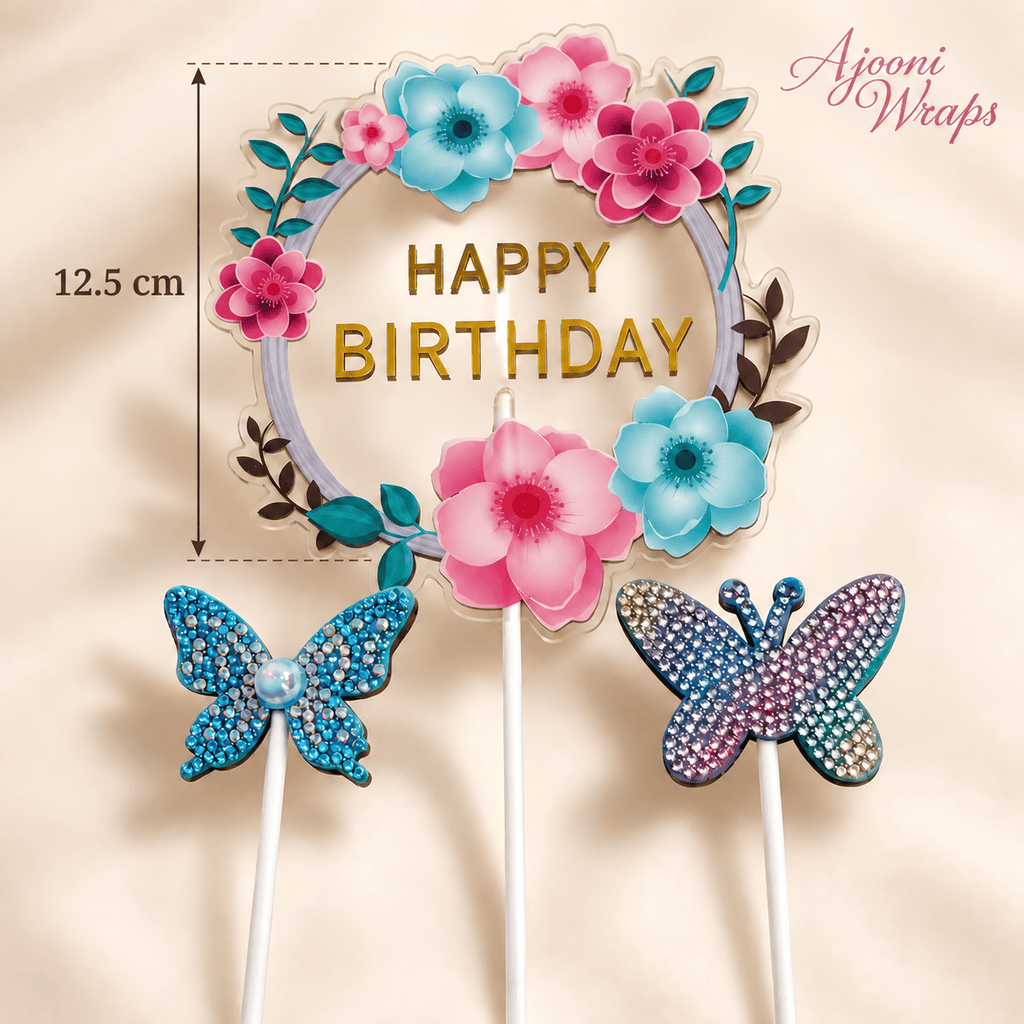Premium Floral Happy Birthday Cake Topper Set 🌸🦋✨