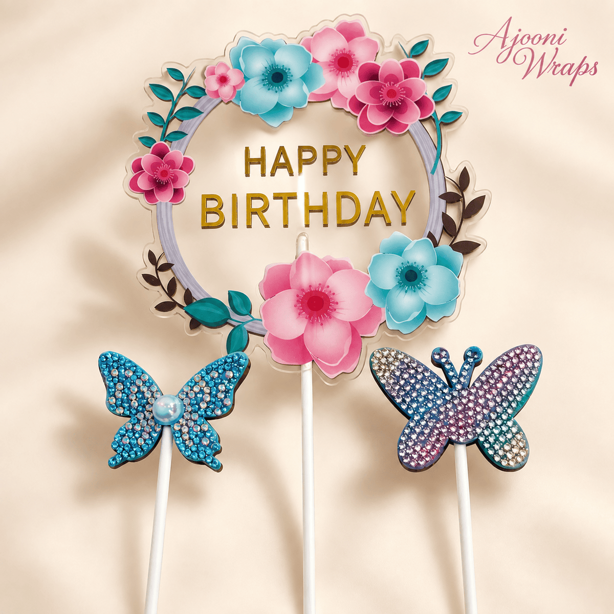 Premium Floral Happy Birthday Cake Topper Set 🌸🦋✨