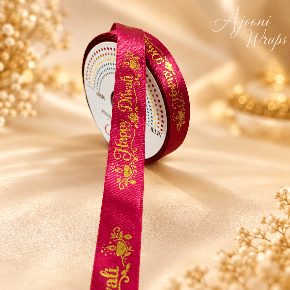 ✨ Premium Satin Happy Diwali Ribbon with Golden Print 🎀