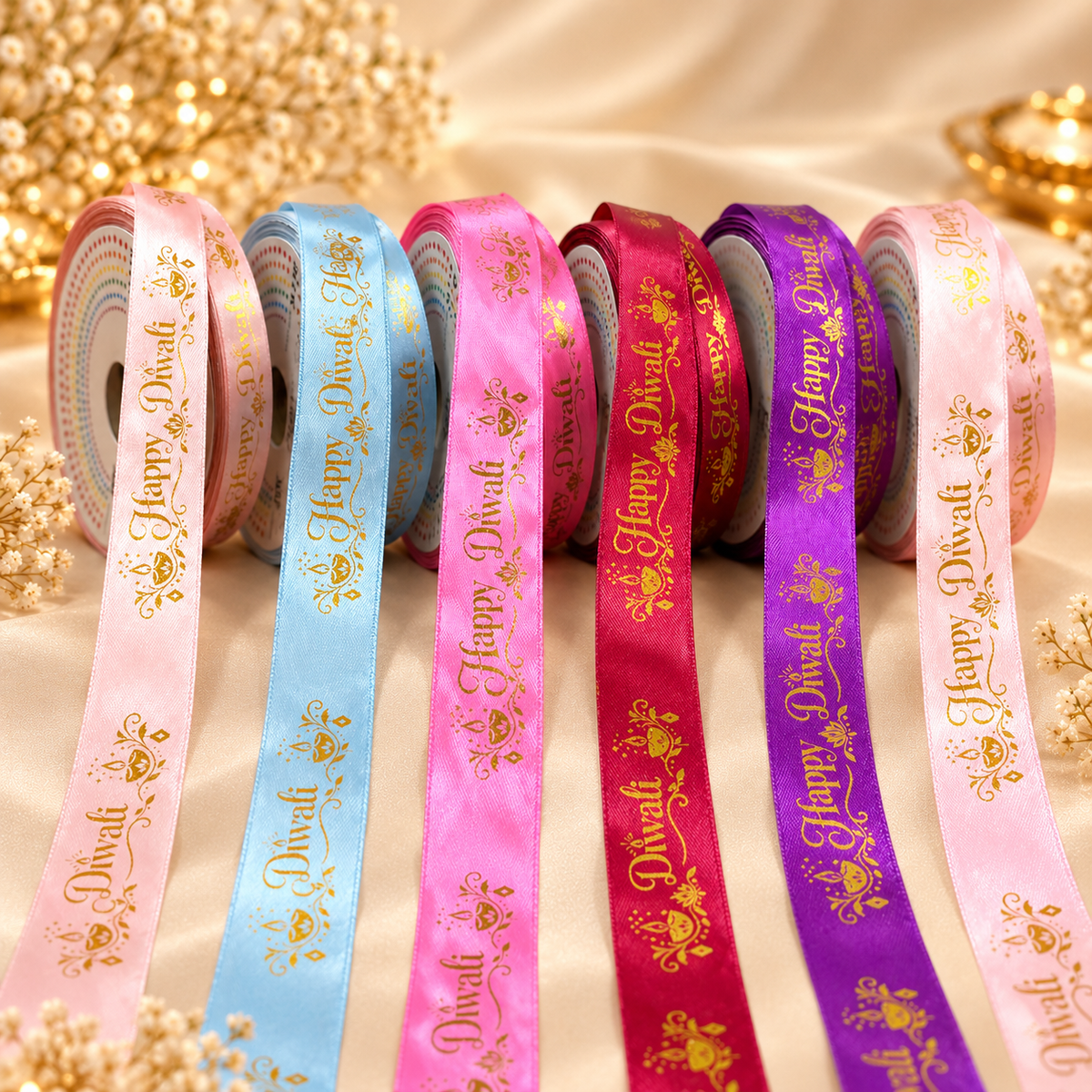 ✨ Premium Satin Happy Diwali Ribbon with Golden Print 🎀