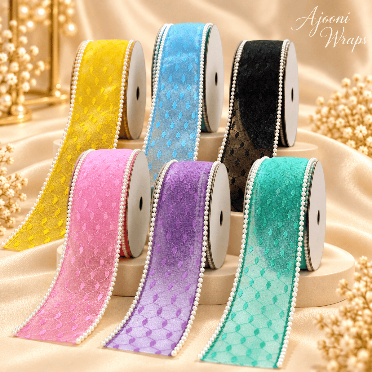 ✨ Luxury Designer Pearl Ribbon | 2 Inch| 10 Yards |🎀🤍