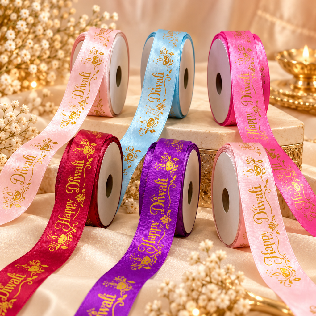 ✨ Premium Satin Happy Diwali Ribbon with Golden Print 🎀