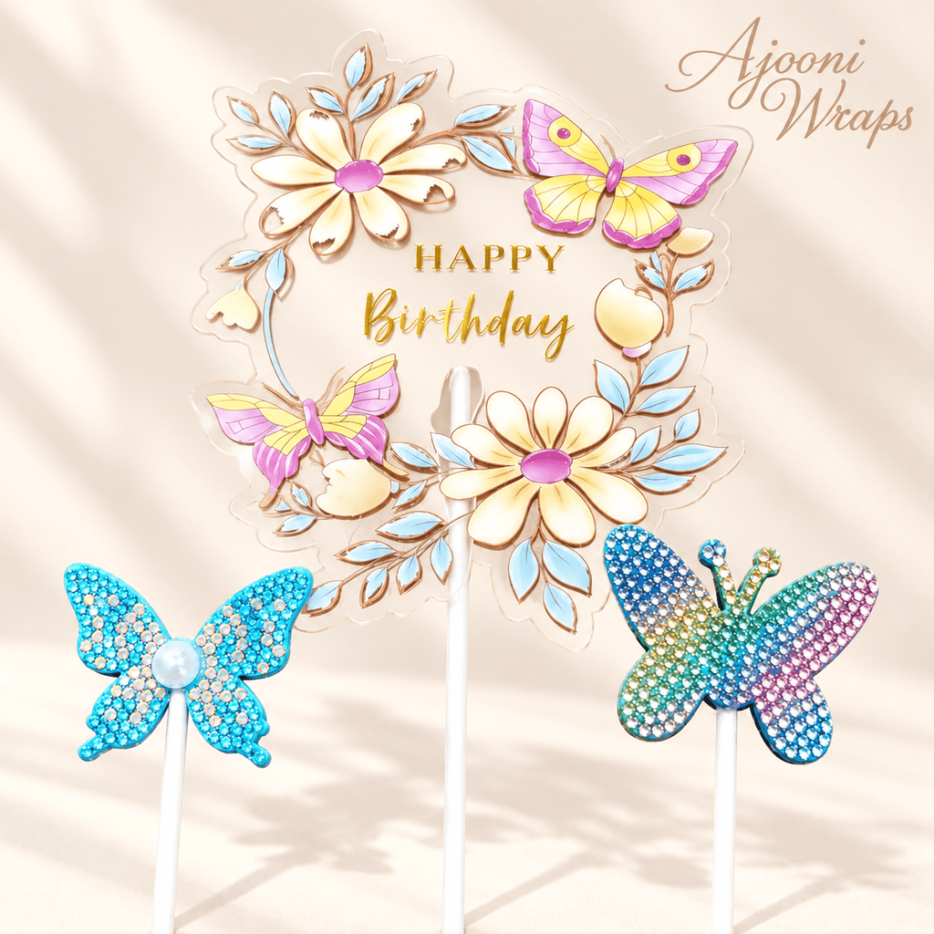 Premium Floral Happy Birthday Cake Topper Set 🌸🦋✨
