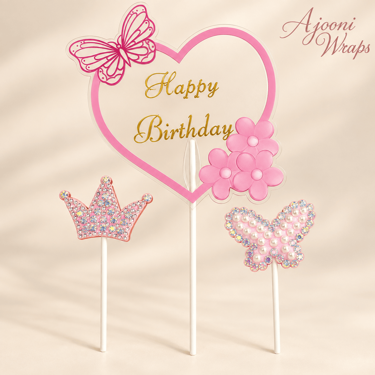 👑🌸 Happy Birthday Crowning Cake Topper Set 🦋✨