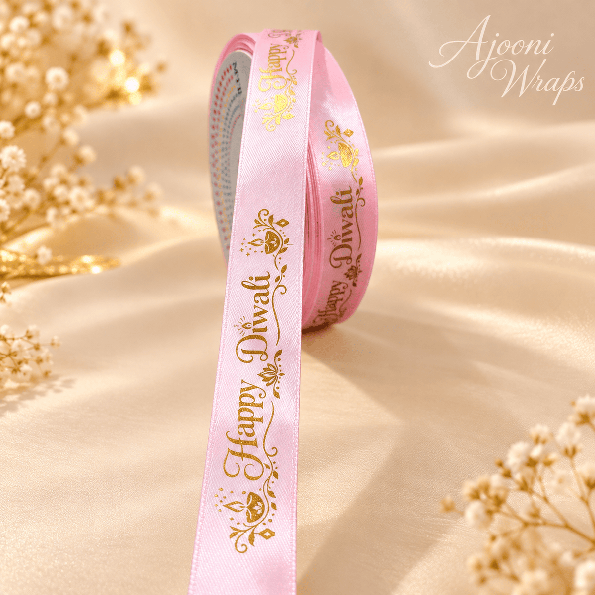 ✨ Premium Satin Happy Diwali Ribbon with Golden Print 🎀