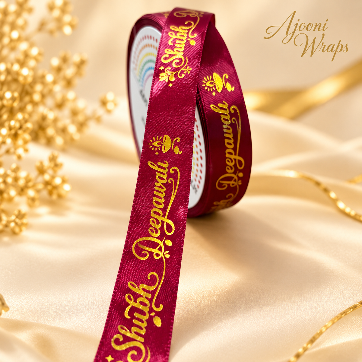 ✨ Premium Satin Shubh Diwali Ribbon with Golden Print 🎀